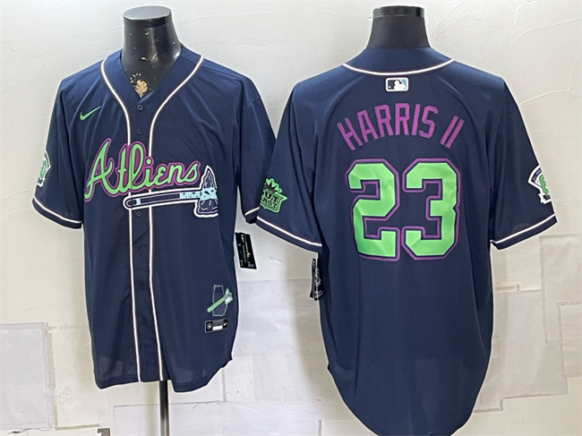 Men's Atlanta Braves #23 Michael Harris II Navy Galaxy With Outkast Patch Vapor Limited Stitched Baseball Jersey
